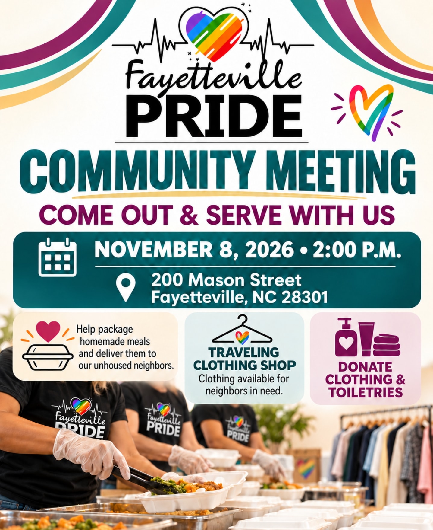 Community Meeting flyer — come out and serve with us, November 8, 2026, 2:00 P.M., 200 Mason Street, Fayetteville, NC 28301